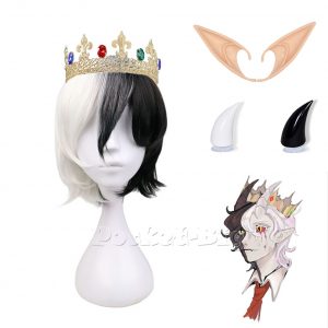 Ranboo Cosplay Costume Mental Crown Wig Black and White Horns with 12cm Elf Ears Red Tie - Ranboo Shop